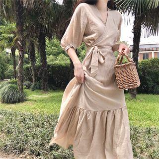 Plain V-neck Ruffle Midi Dress