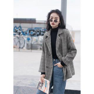 Plaid Double-breasted Blazer Gray - One Size