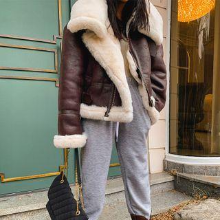 Wide-collar Belted Faux-shearling Cropped Jacket Brown - One Size