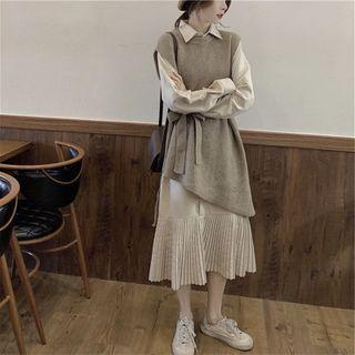 Asymmetrical Sweater Vest / Long-sleeve Midi Shirtdress / Set