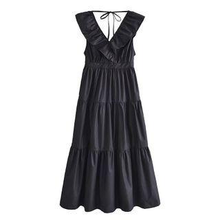 Sleeveless Ruffle Trim Maxi A-line Dress