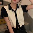 Two-tone Collar Cropped T-shirt Black & White - One Size