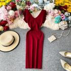 V-neck Faye-sleeve Slim-cut Knit Dress