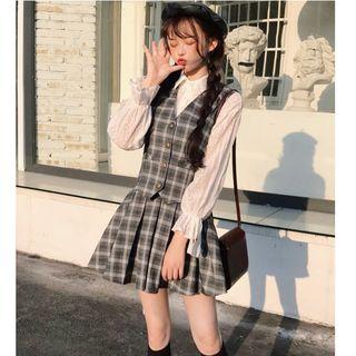 Lace Blouse / Plaid Button Vest / Mini Pleated Skirt / Set