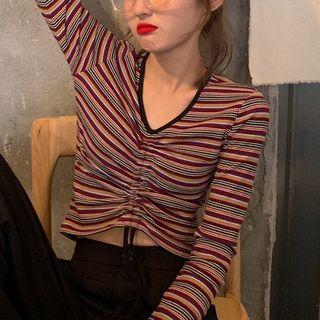 Striped Long-sleeve T-shirt / High Waist Wide-leg Pants