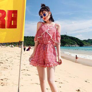 Set Of 3: Plaid Bikini Top + Swim Bottom + Cover-up