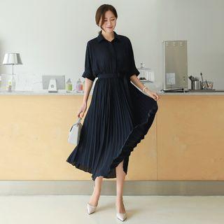 Beribboned Shirtwaist Pleated Long Dress