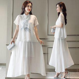 Set: Printed Short-sleeve Top + Midi Skirt
