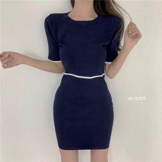 Contrast Trim Short-sleeve Knit Dress Dark Blue - One Size