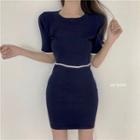 Contrast Trim Short-sleeve Knit Dress Dark Blue - One Size