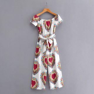 Heart Print Off-shoulder Short-sleeve Jumpsuit