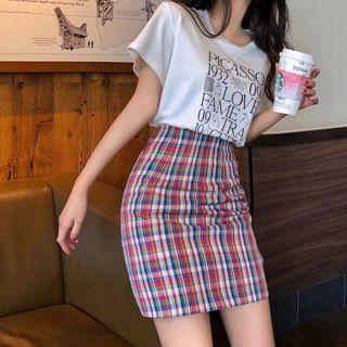 Letter Print Short Sleeve T-shirt / Check Mini Skirt