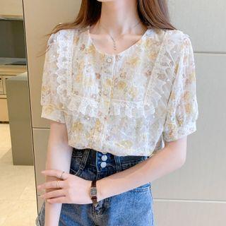 Short-sleeve Floral Lace Button-up Blouse