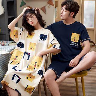 Couple Matching Short-sleeve Dog Print Sleep Dress / Short-sleeve Top / Shorts / Set