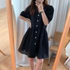 Short-sleeve Button V-neck Mini A-line Dress Black - One Size