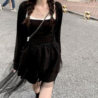 Plain Camisole + Long-sleeve Cardigan / Asymmetrical Hem Mesh Skirt