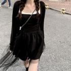 Plain Camisole + Long-sleeve Cardigan / Asymmetrical Hem Mesh Skirt