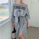 Set: Elbow-sleeve Lettering Print T-shirt + Midi A-line Skirt