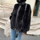 Buckle-neck Eco-fur Biker Jacket