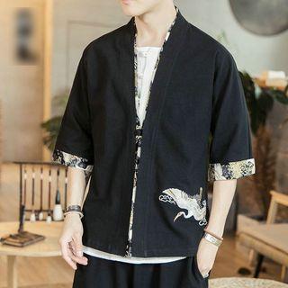 Crane Embroidered Chinese Frog Button Elbow-sleeve Jacket