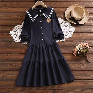 Long-sleeve Bear Embroidered Collared A-line Dress
