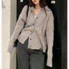Long-sleeve Plain Cable Knit Cardigan Gray - One Size