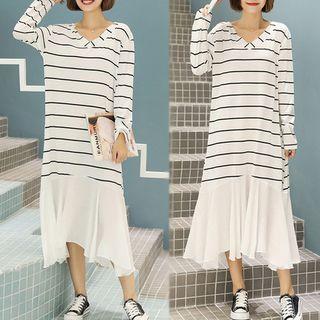 V-neck Stripe Long-sleeve Midi A-line Dress