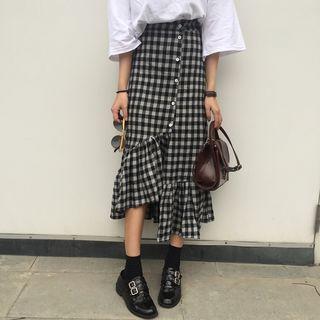 Print Buttoned Asymmetrical Midi Skirt