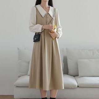 Puff-sleeve Contrast Trim Blouse / Midi Overall Dress