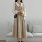 Puff-sleeve Contrast Trim Blouse / Midi Overall Dress