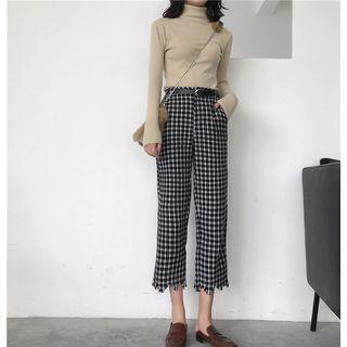 Boot-cut Cropped Plaid Dress Pants