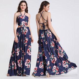 Flower Print Halter-neck Maxi A-line Dress