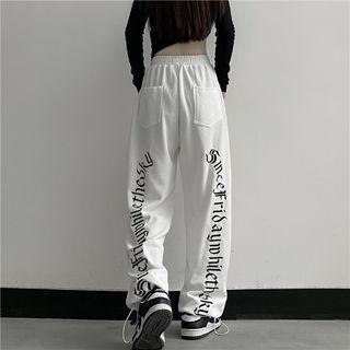 Lettering Drawstring Wide Leg Pants