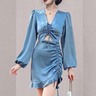 Long-sleeve V-neck Drawstring Cut-out Mini Dress