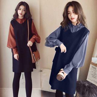 Set: Lantern-sleeve Blouse + Mini A-line Pinafore Dress
