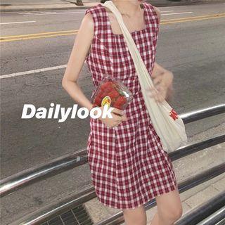 Check Square-neck Sleeveless Dress As Figure - One Size