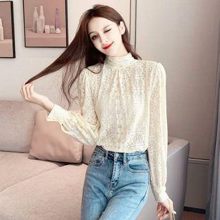 Long-sleeve Mock Neck Lace Blouse