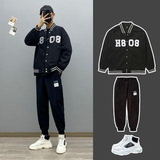 Lettering Loose-fit Baseball Jacket / Long-sleeve Plain T-shirt / Lettering Joggers