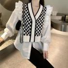 Mock Two-piece Checker Print Ruffled Blouse Check - Black & White - One Size