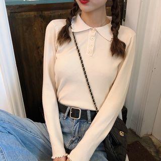 Plain Long-sleeve Slim-fit Knit Polo-shirt