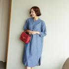 Mandarin-collar Midi Denim Dress Blue - One Size