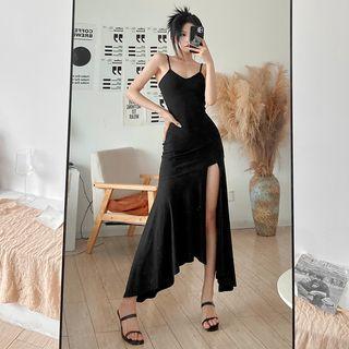 Spaghetti-strap Asymmetrical Slit Midi A-line Dress