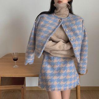Turtleneck Knit Top / Houndstooth Single-breasted Jacket / Mini A-line Skirt