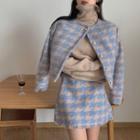 Turtleneck Knit Top / Houndstooth Single-breasted Jacket / Mini A-line Skirt