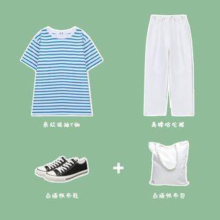 Short-sleeve Striped T-shirt / Straight-cut Pants