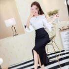 Set: Off-shoulder 3/4-sleeve Top + Asymmetric Hem Pencil Skirt