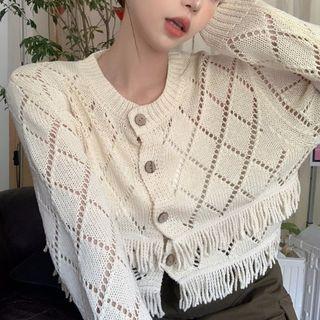 Fringed Pointelle Knit Cropped Cardigan
