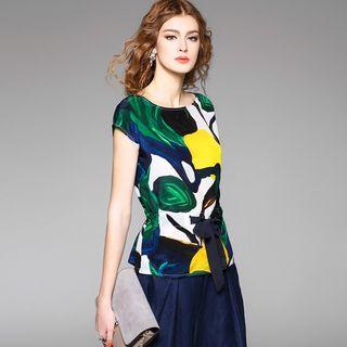 Cap-sleeve Printed Silk Top
