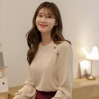 Button-trim Bishop-sleeve Top