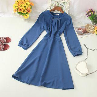Faux-pearl Long-sleeve A-line Dress